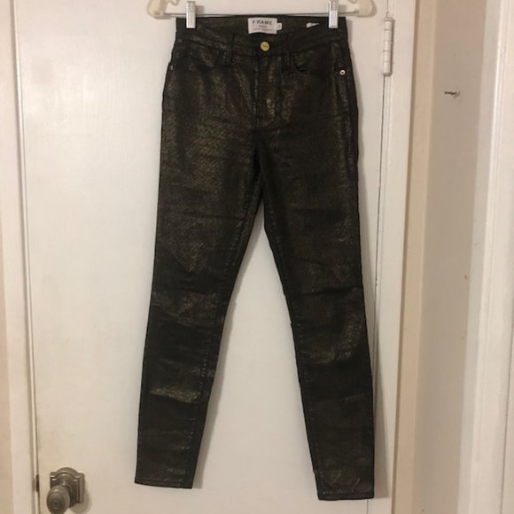 FRAME Denim Le High Skinny Metallic Old Gold 25 - Picture 2 of 4